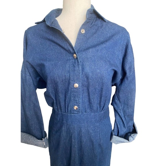 Denim Dress Fringe Western Snap Back Straight Wriggle 4 Small Vintage 80s READ - Picture 3 of 5